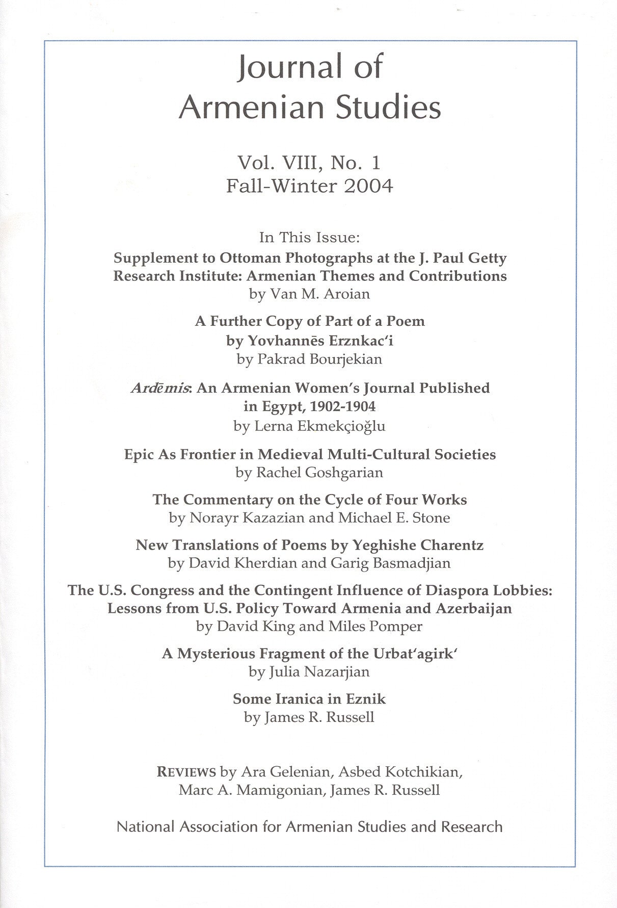 JOURNAL OF ARMENIAN STUDIES: Volume VIII, Number 1: Fall-Winter 2004