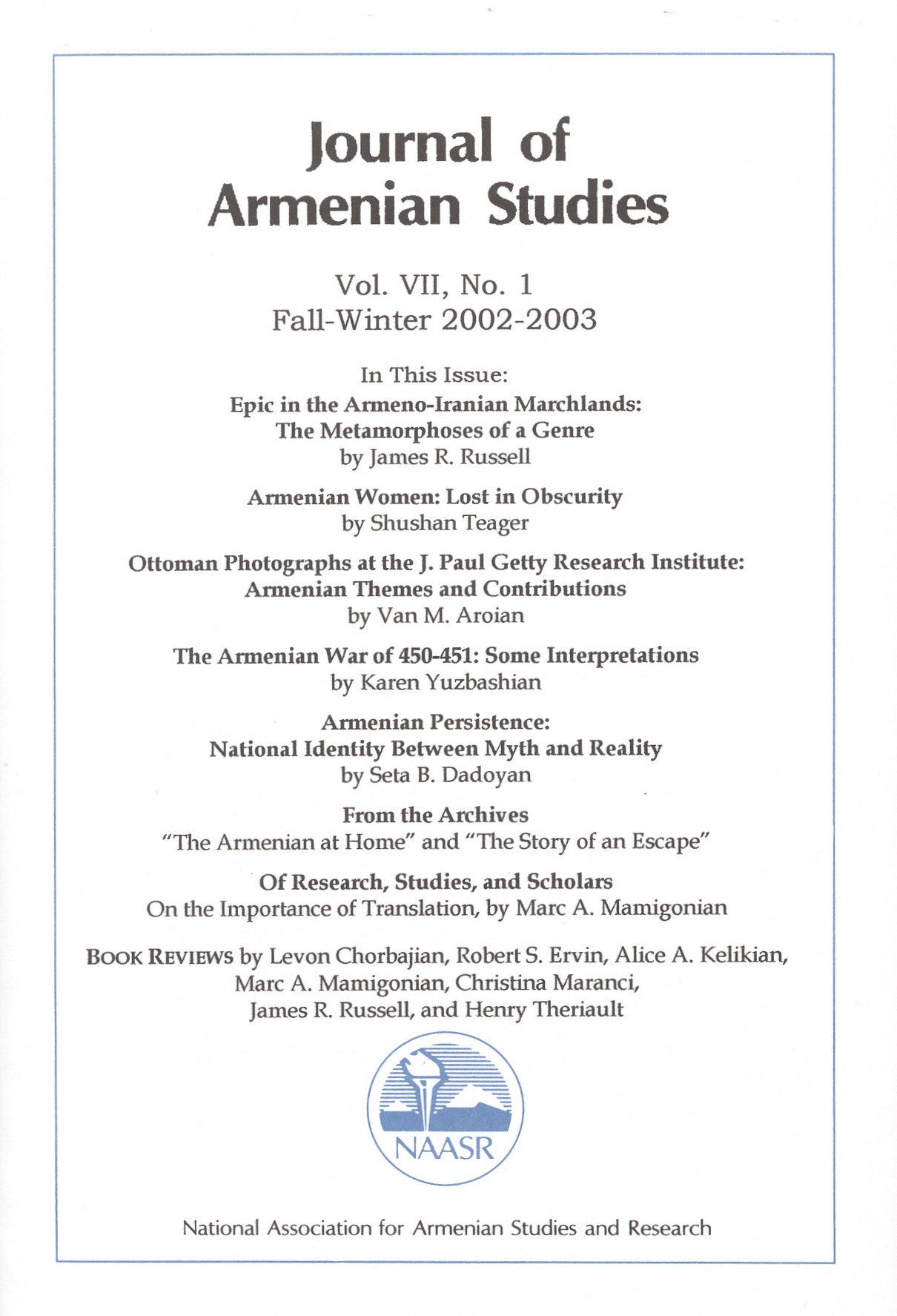 JOURNAL OF ARMENIAN STUDIES: Volume VII, Number 1: Fall-Winter 2002-2003
