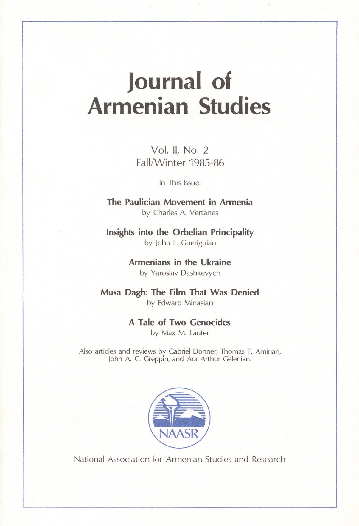 JOURNAL OF ARMENIAN STUDIES: Volume II, Number 2: Fall/Winter 1985-86