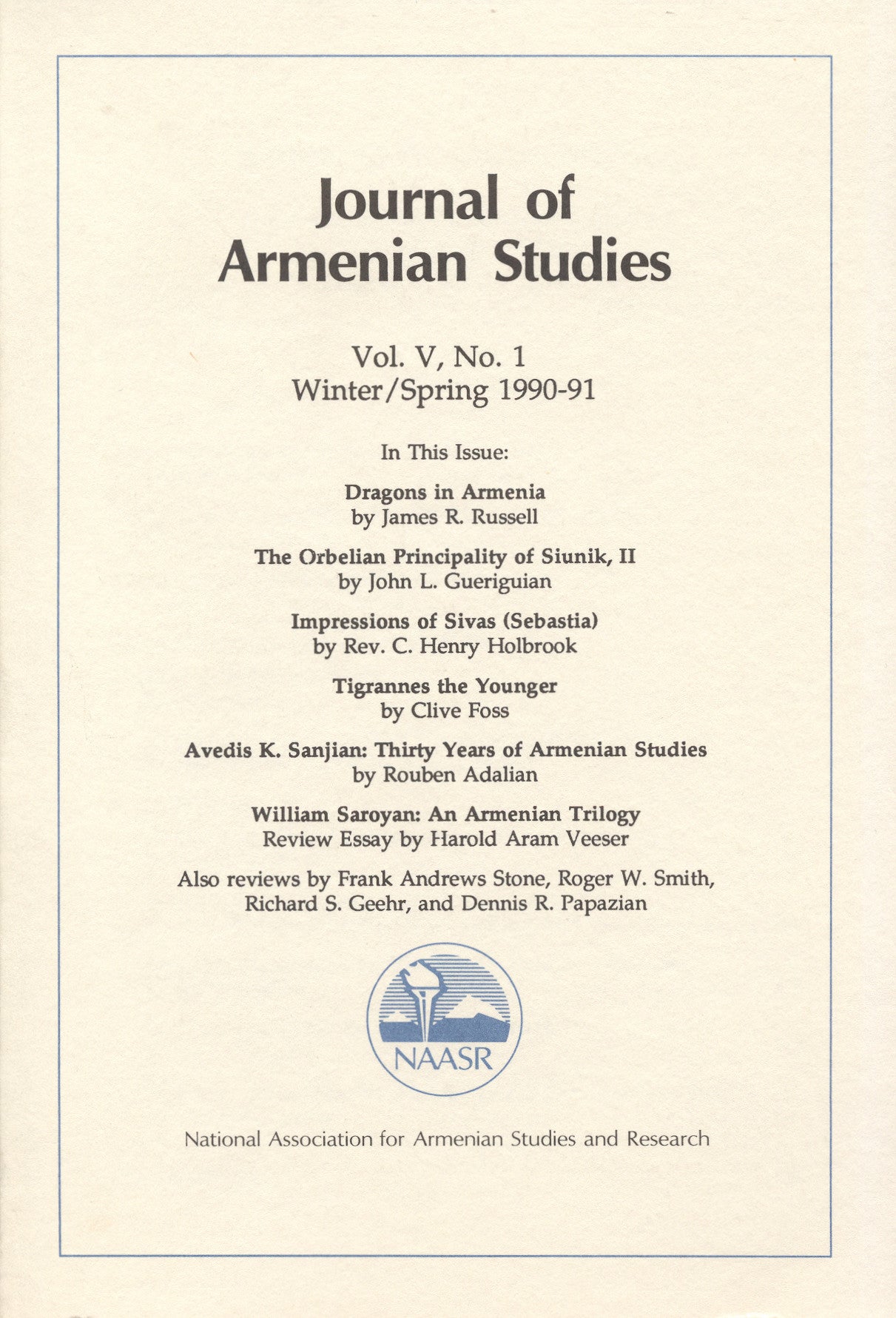 JOURNAL OF ARMENIAN STUDIES: Volume V, Number 1: Winter/Spring 1990-1991