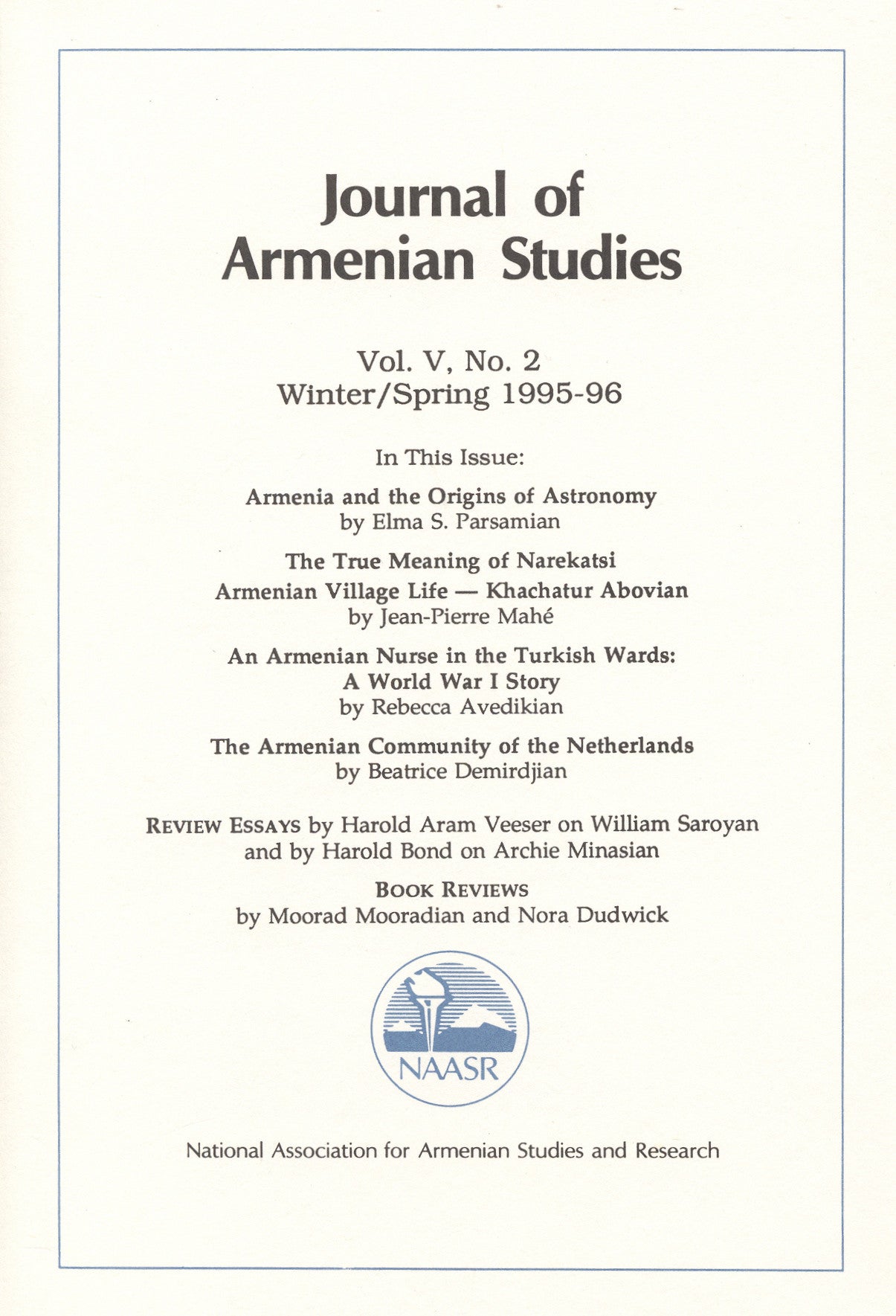 JOURNAL OF ARMENIAN STUDIES: Volume V, Number 2: Winter/Spring 1995-96